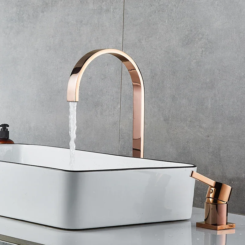 Basin faucet Bathroom super long pipe two holes Rose Gold Widespread bathroom sink tap 360 rotating widespread basin Tap