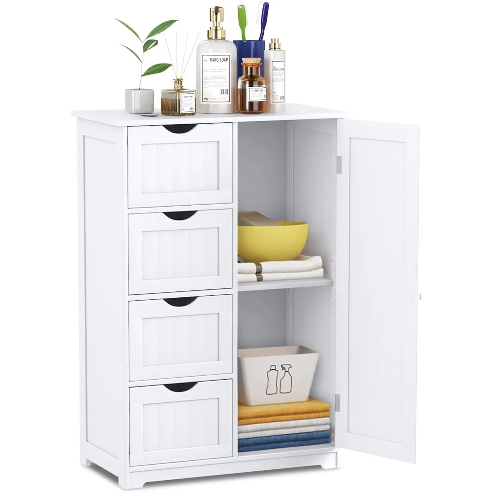 

Bathroom Floor Cabinet, Freestanding Storage Organizer with 4 Drawers & Single Door, Adjustable Shelf,
