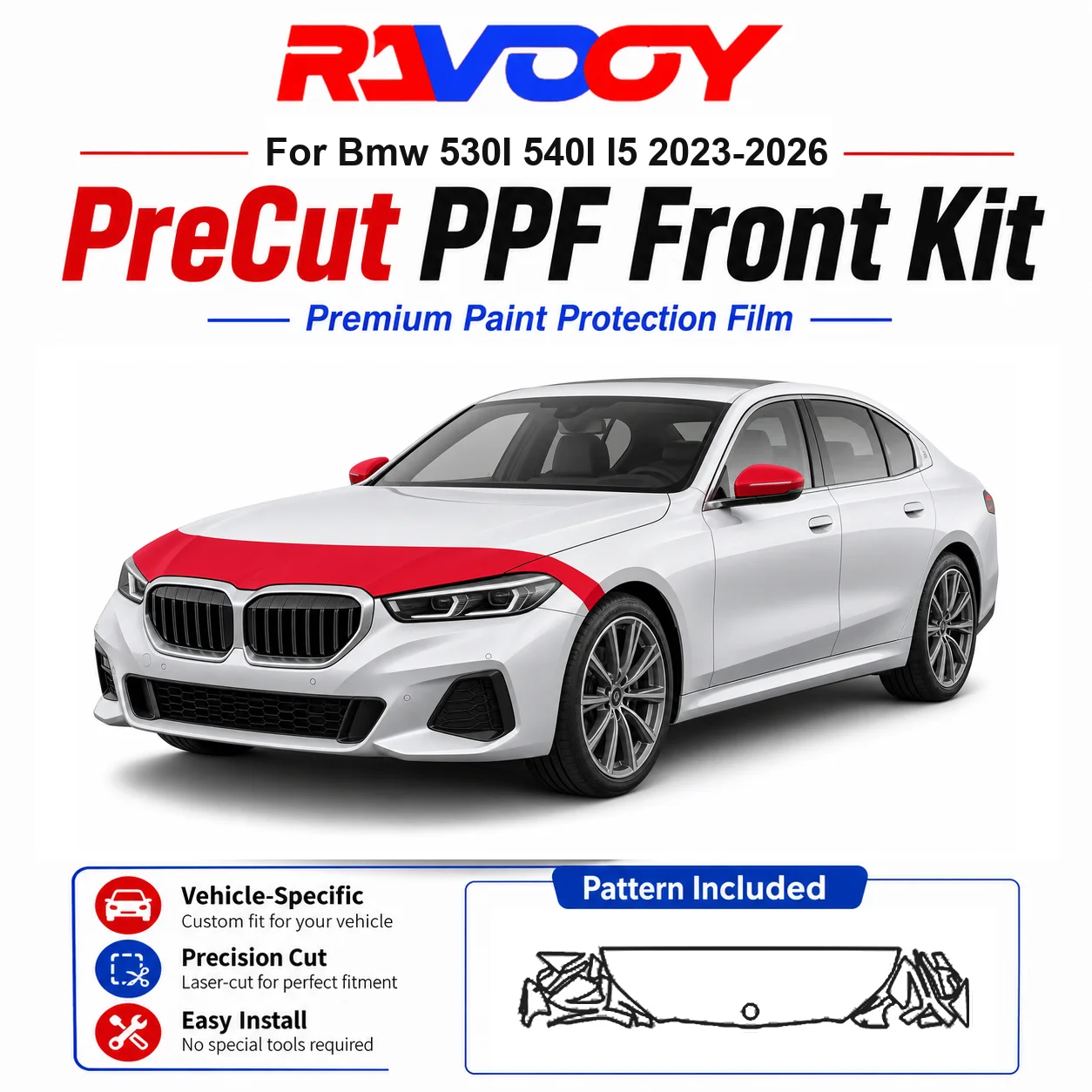 

8.5mil TPU Precut PPF Kit For BMW 530I 540I I5 2023-2026 - Hood, Fenders & Mirror Set - Self-Healing Clear Bra Film