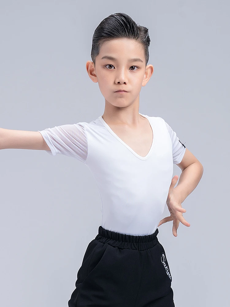 Boys Latin Dance Costume V Neck Mesh Short Sleeves Tops Black Pants Training Outfits Ballroom Dance Competition Clothes DNV17955