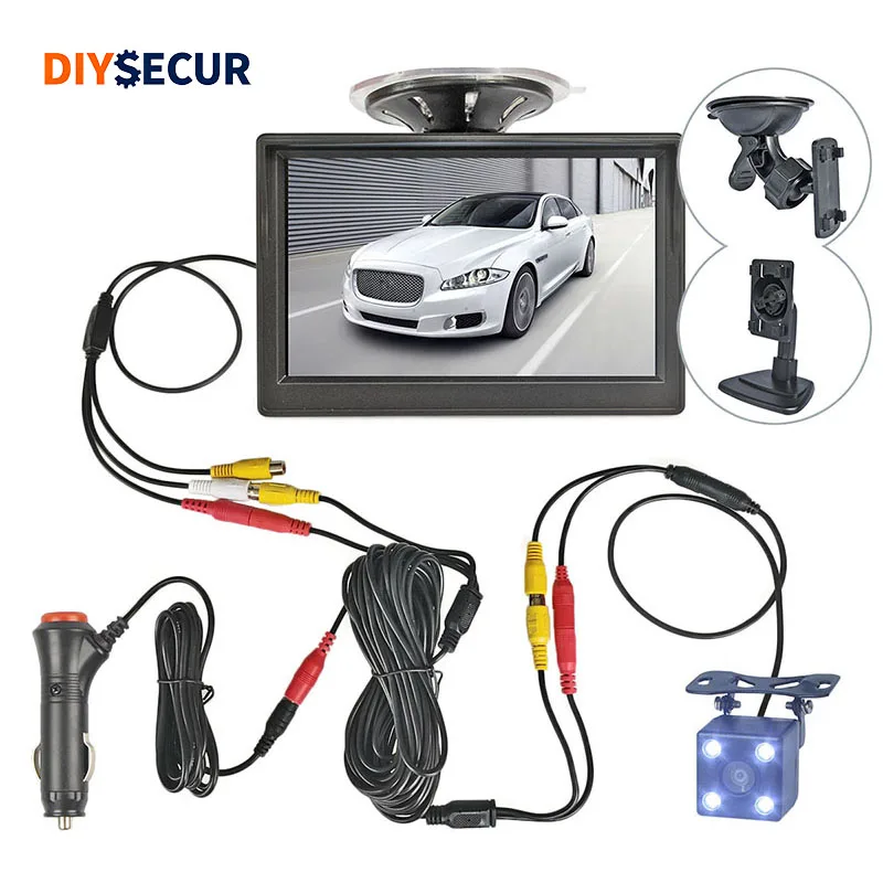 DIYSECUR 5inch HD TFT LCD Screen Car Monitor IP68 Waterproof Reverse LED Night Vision Backup Rear View Car Camera Monitor