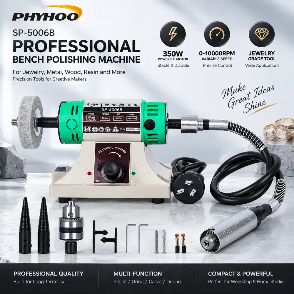 PHYHOO 350W Bench Polishing Machine 10000RPM Variable Speed Jewelry Buffer Grinder with Flexible Shaft for Metal Wood Resin DIY