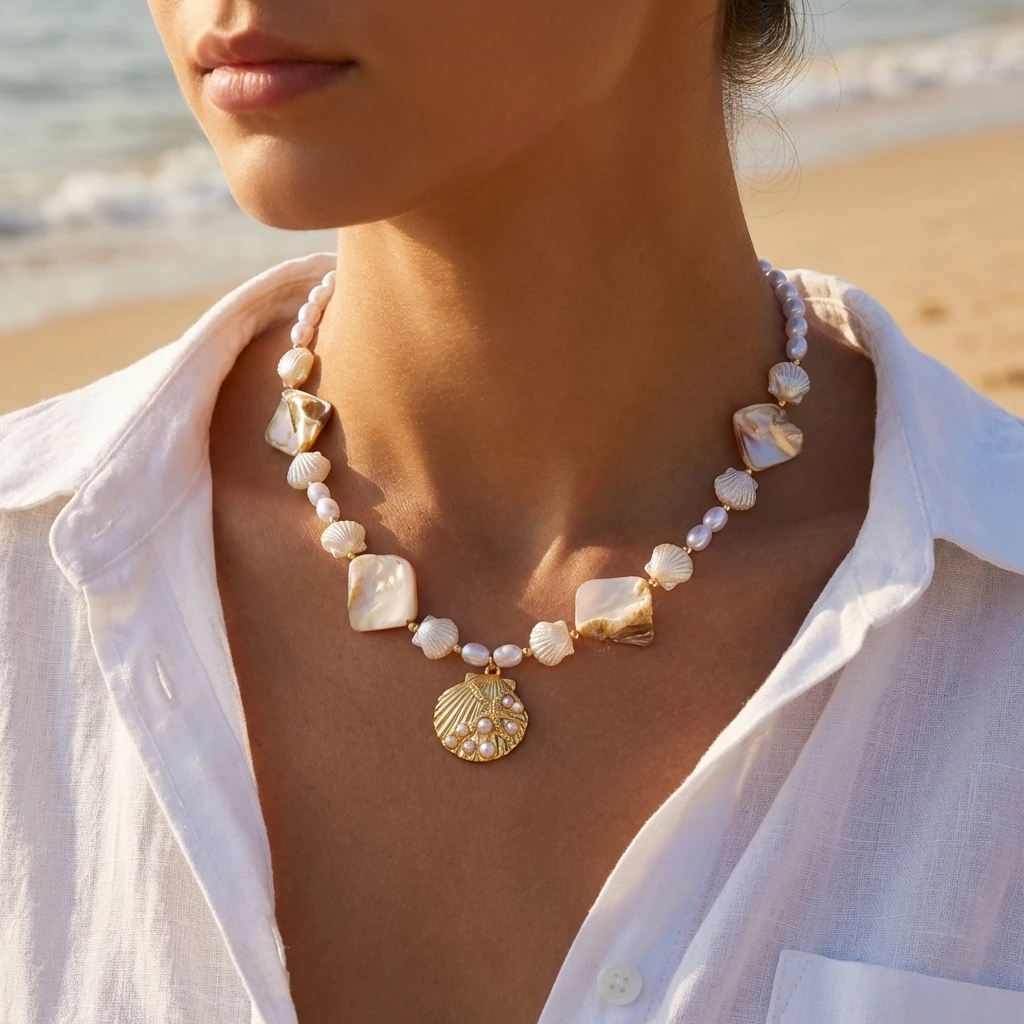 Böhmische Imitationsperlen-Muschelkette für Damen, Sommer-Choker mit Muschel- und Seestern-Anhänger, Reise- und Party-Schmuck – Detail 3