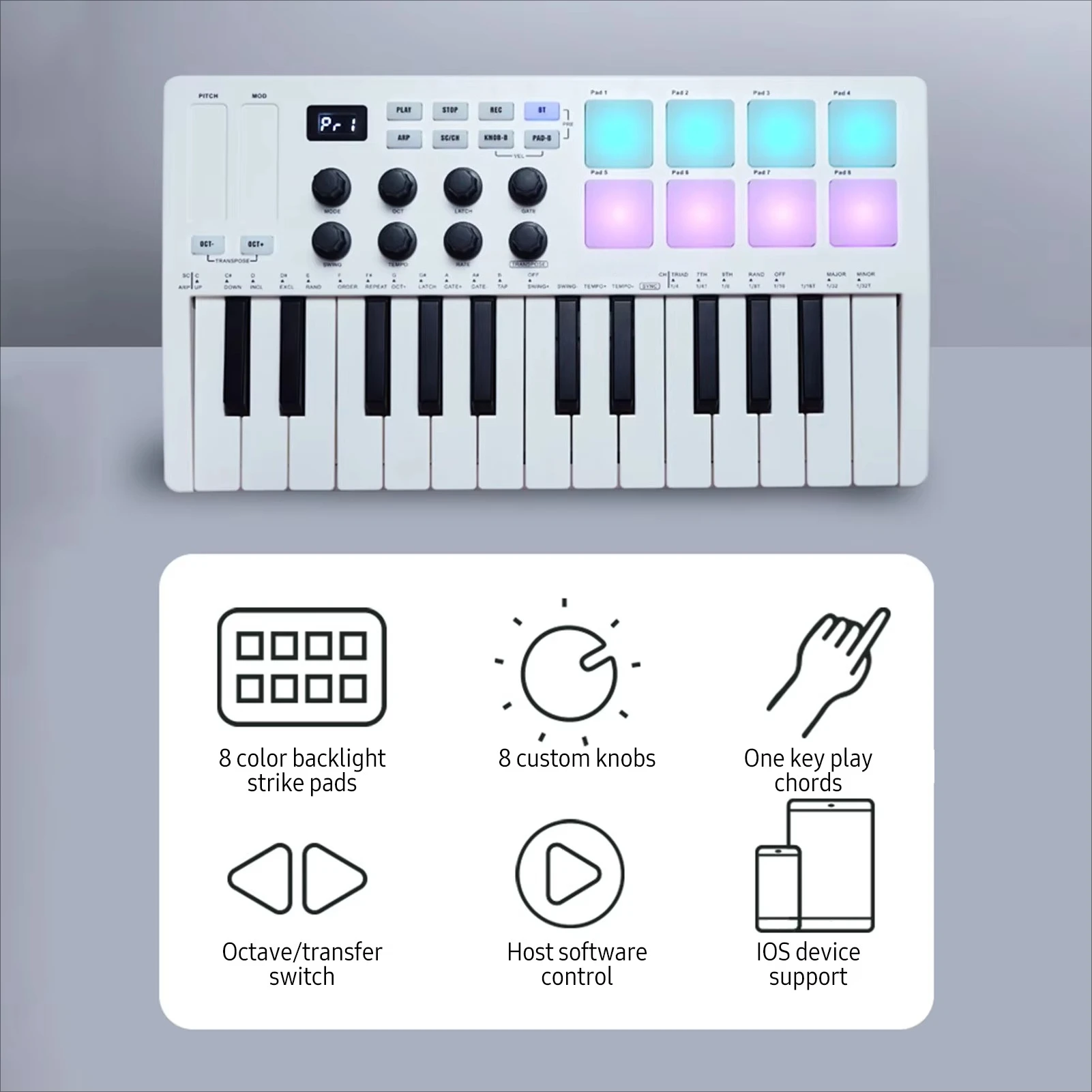 SMK-25 Mini MIDI Keyboard 25 Velocity Sensitive Keys Support Wireless With 8 RGB Drum Pads Control Console