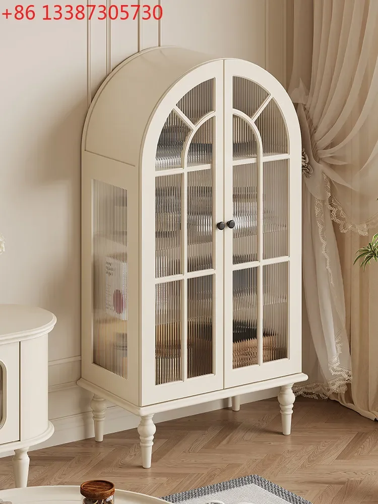 French Cream Style Figure Solid Wood Display Cabinet Arched Locker Glass Premium Sense
