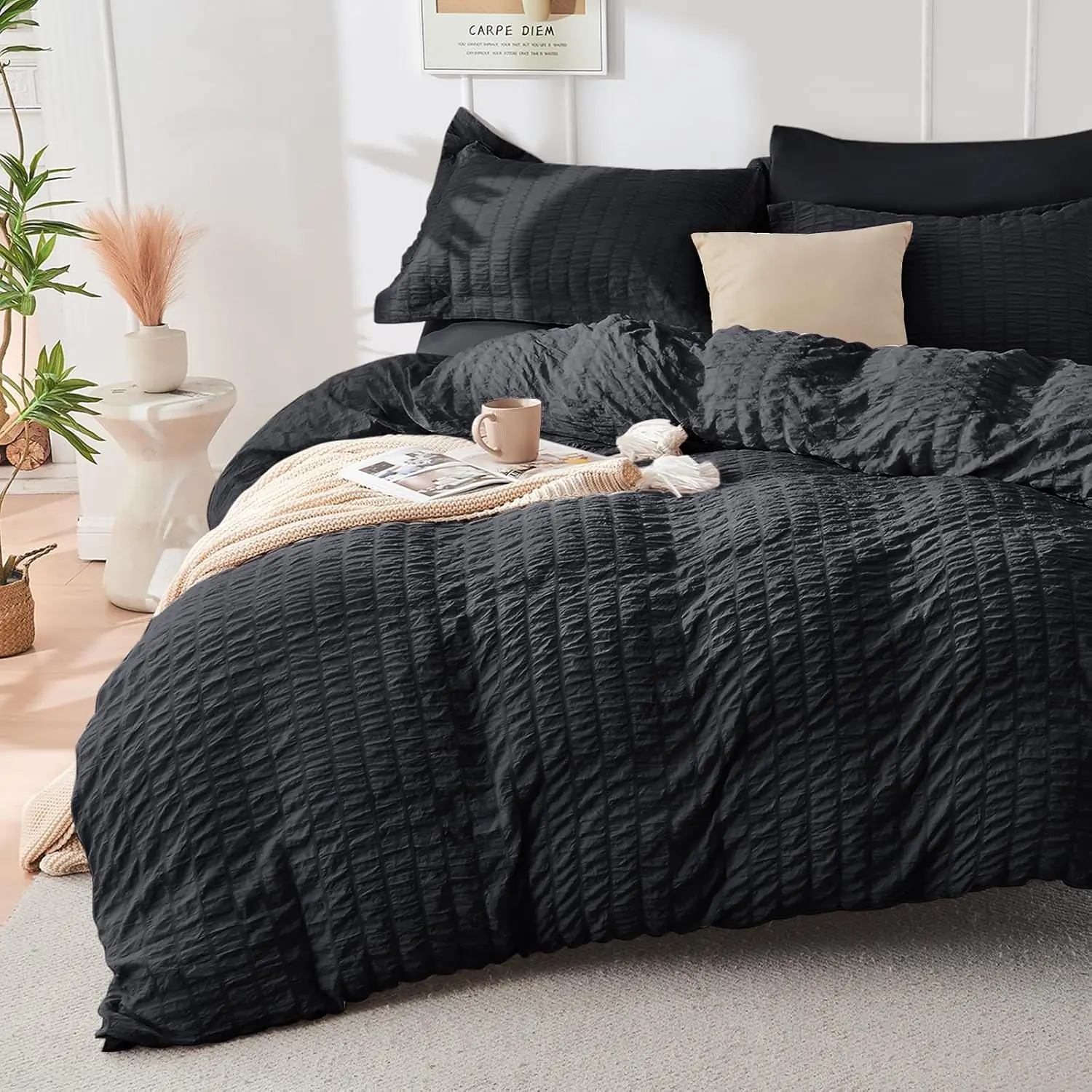 Black Queen Comforter Set 7 Pieces, All Season Luxury Bed in a Bag for Bedroom, Bedding Set