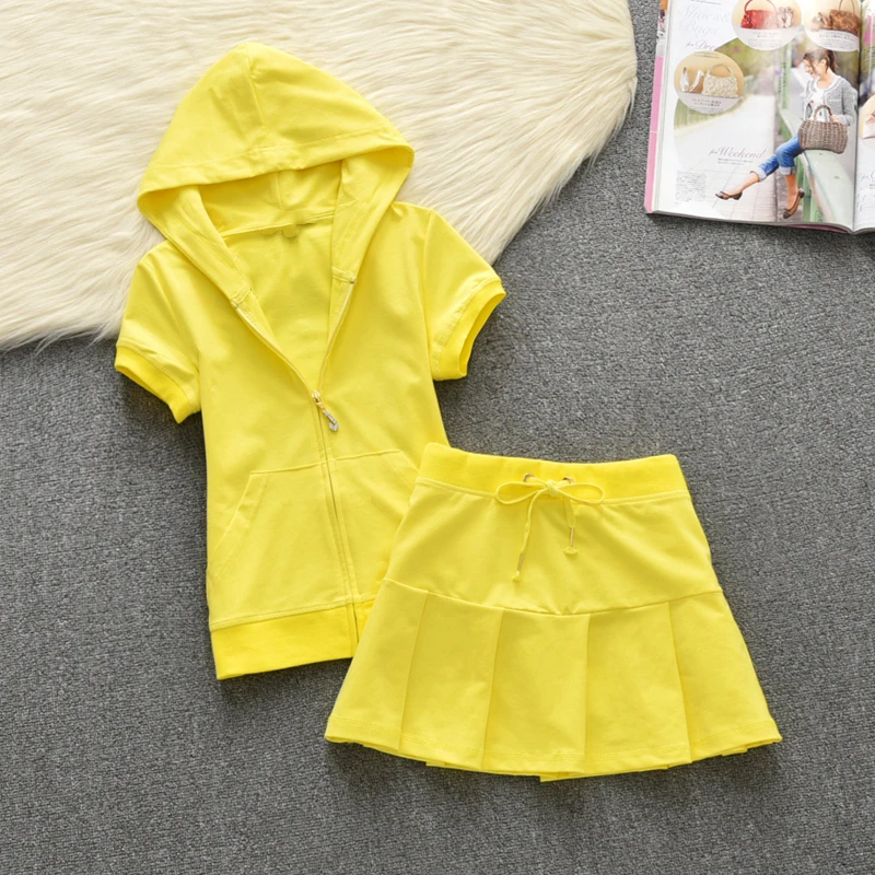 Summer Cotton Tracksuit A-Line High Waist Pleated Mini Skirt Women's Hoodies Two Piece Set Casual Tennis Skirts