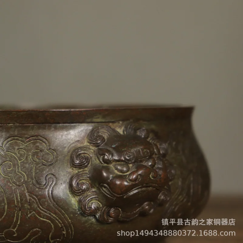 Pure Antique Double Lion Ear Pressure Copper Incense Burner Ornament for Office Living Shop Study Tea Room Desktop D