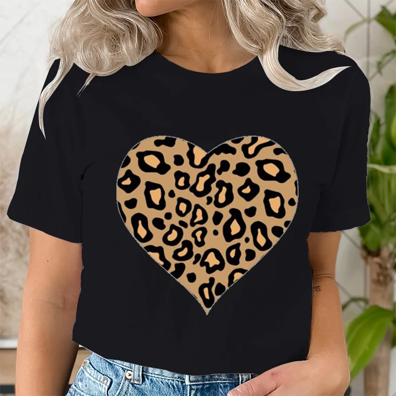 Vintage Leopard Print Heart Pattern Women T Shirts Casual Fashion Love Graphics Shirt Korean Ulzzang Short Sleeve T Shirt Femme