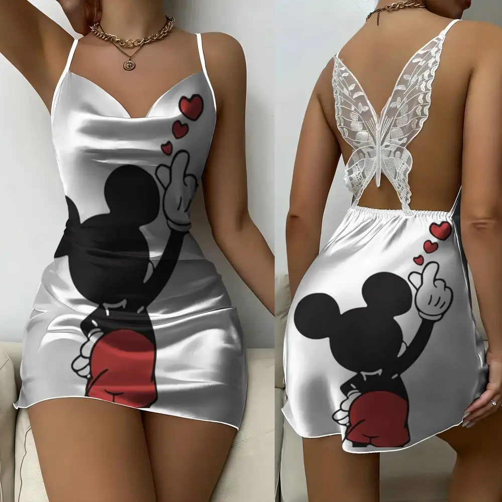 Bow Disney Embroidered Mini Skirt Sexy Bareback Satin Sleeping Dress Women's 2024 Summer Fashion New Product