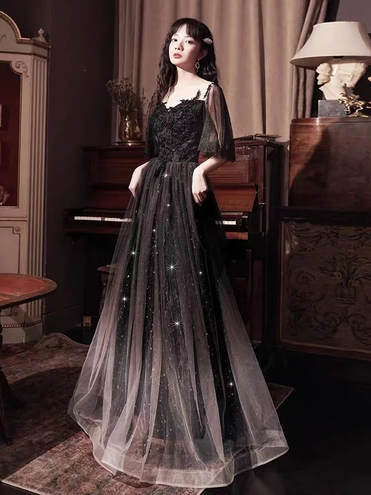 

Elegant Sequins Exquisite Beaded Applique Prom Dresses A-Line Mid Sleeve French Long Banquet Evening Party Gown Vestido de festa