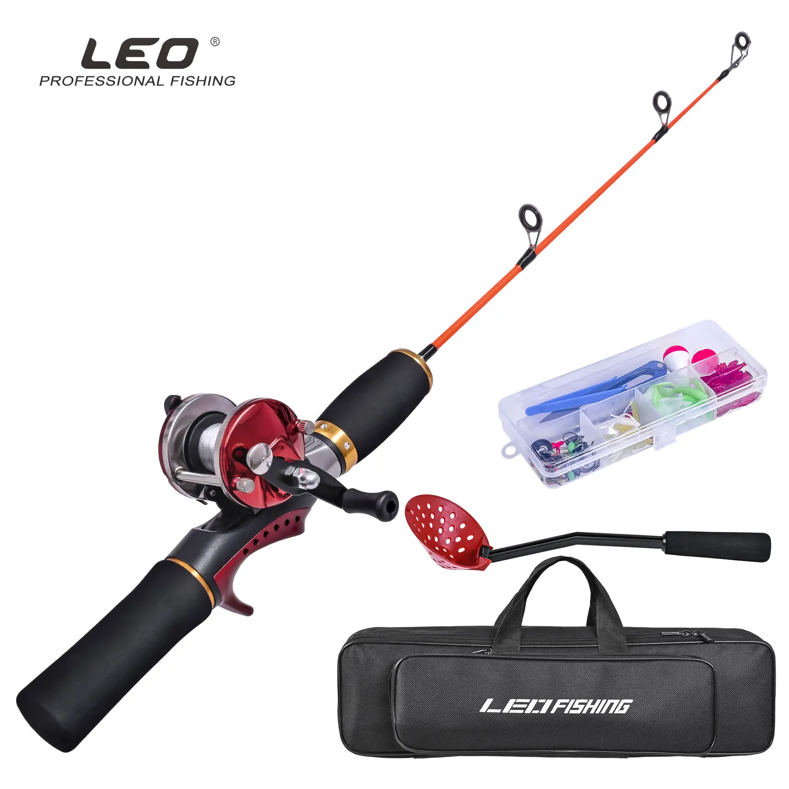 LEOFISHING Ice Fishing Rod and Reel Combos with Complete Kits JIG Hooks Soft Lures Spoon and Carrier Bag 50cm/19.7inch