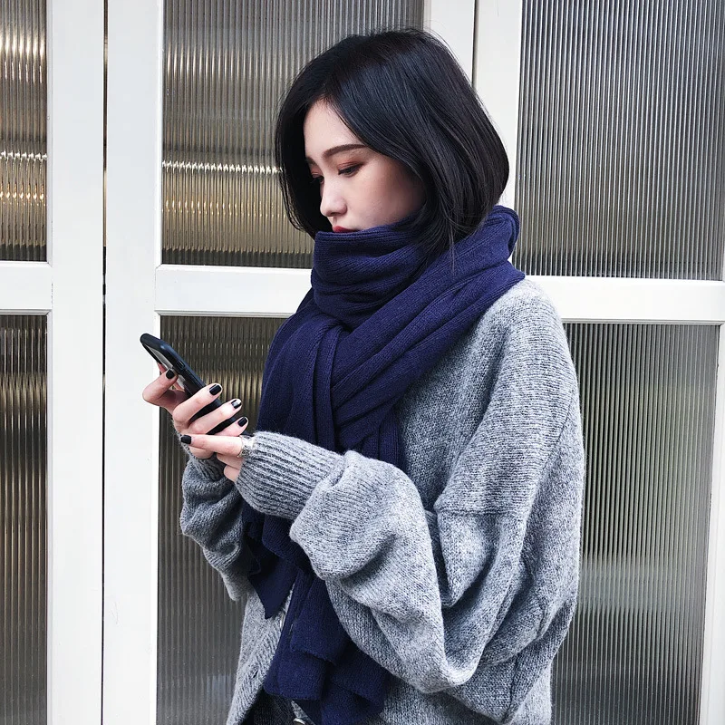 厚手の暖かい女性用スカーフ、無地レディースイミテーションカシミヤブラックスカーフ、女性用冬用