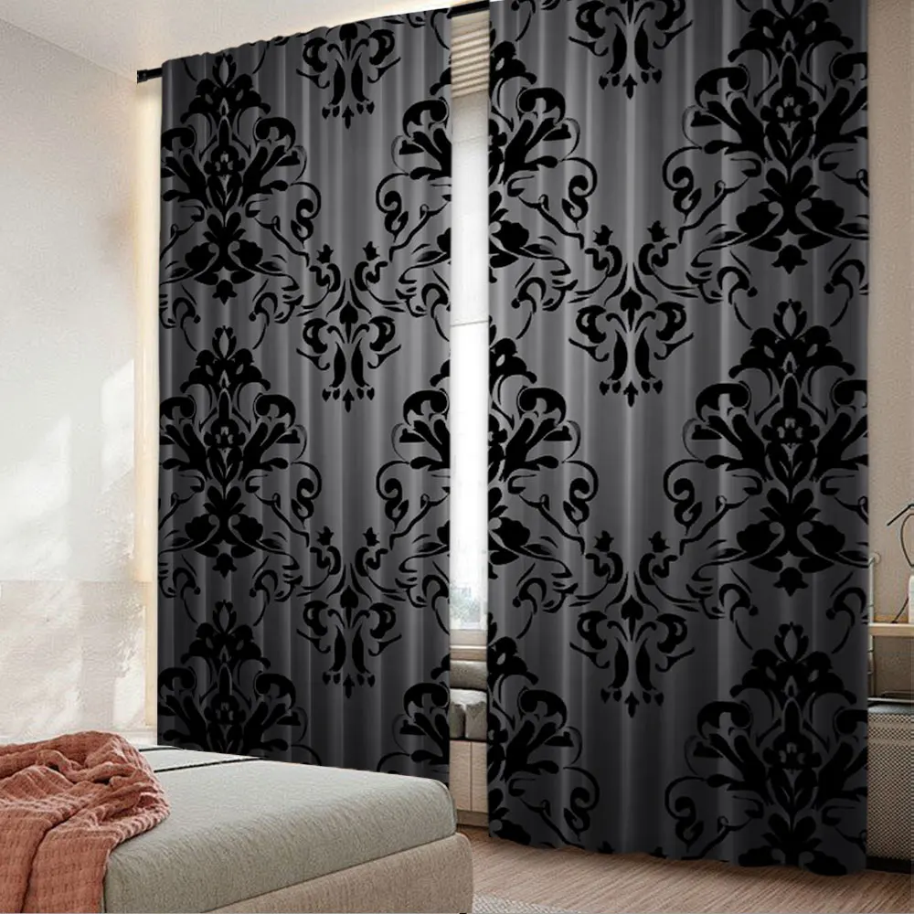 

2Pcs Black Curtains Antique Victorian Style Gothic Vintage Black Floral Window Drapes Bohemian Exotic Window Curtain For Bedroom
