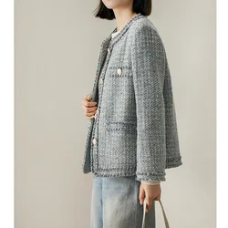 Wool High-end Fringed Small Fragrant Coat, Blue-gray Tweed Jacket 2025 Spring French Short Women's Clothing New