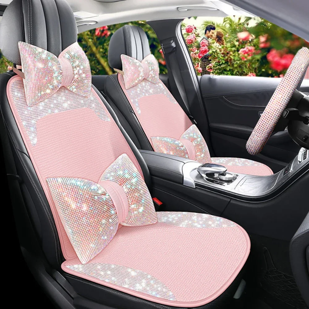 Universal Car Seat Cover Full Set Luxury Shiny Rhinestone Cushion Car Interior Accessories For Girls