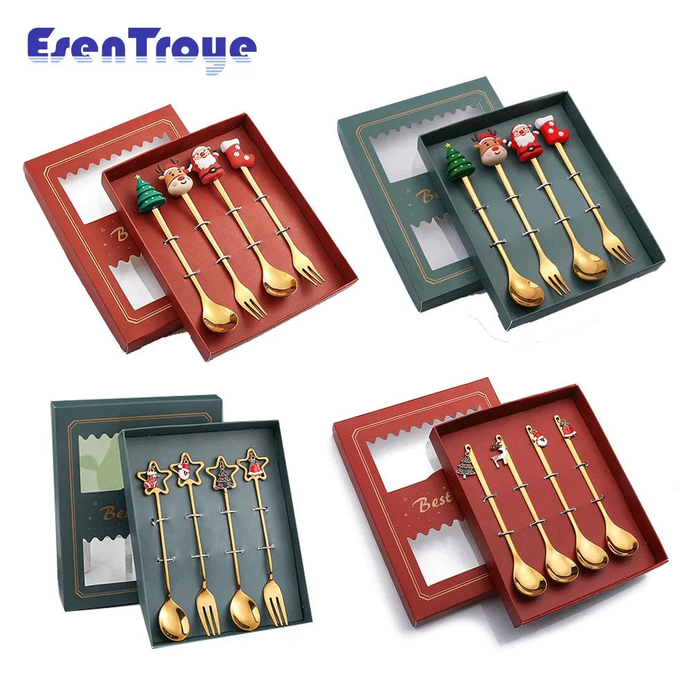 

4pcs/1set Christmas Gift Cutlery Spoon Fork Set Elk Christmas Tree Decoration Dessert Spoon Fruit Fork Coffee Spoon Cutlery Gift