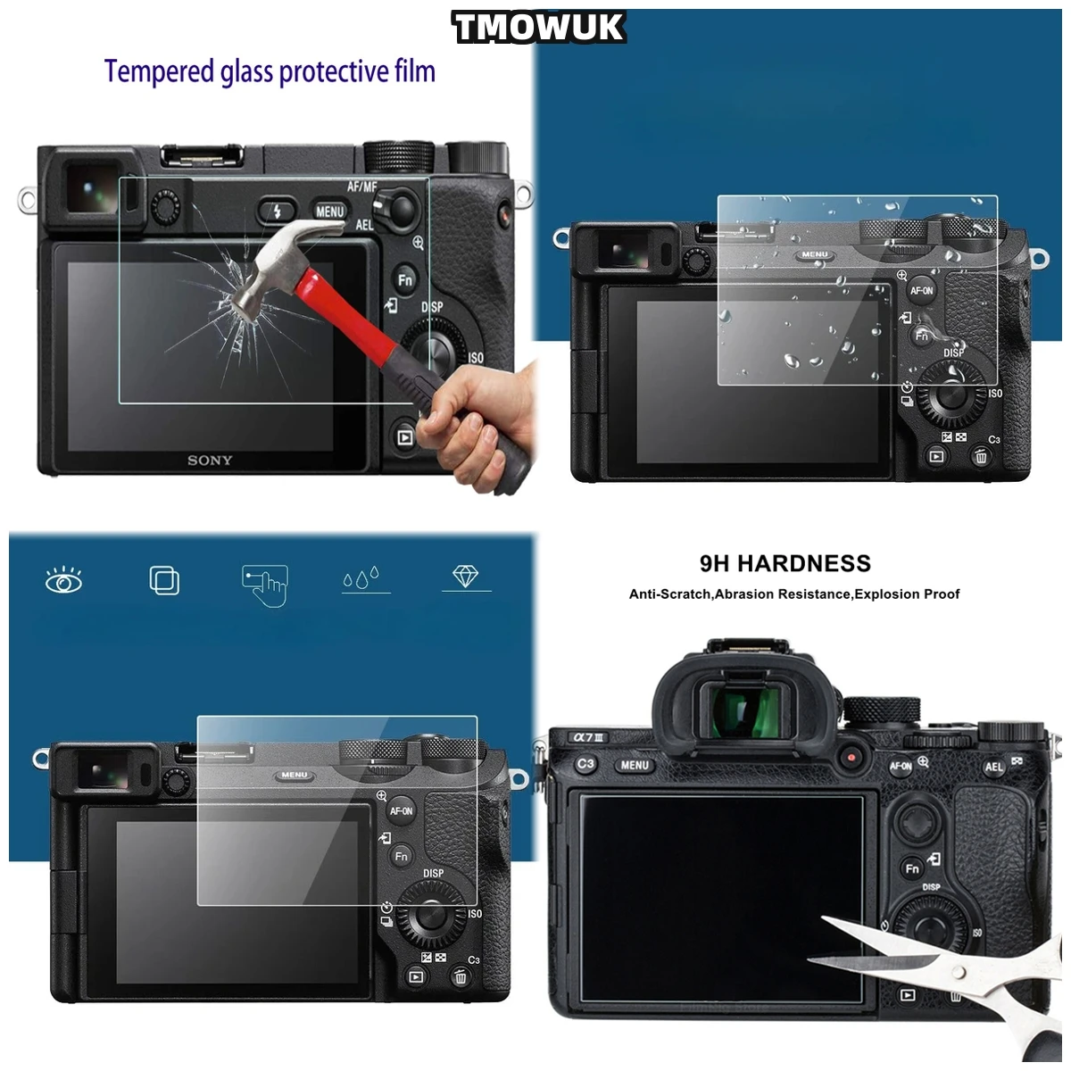 

For A7S3 A7R3 A7RM3 A7RMII A7MII A7MIII A7C, Impact-Absorbing, High-Density 9H Glass Protector.