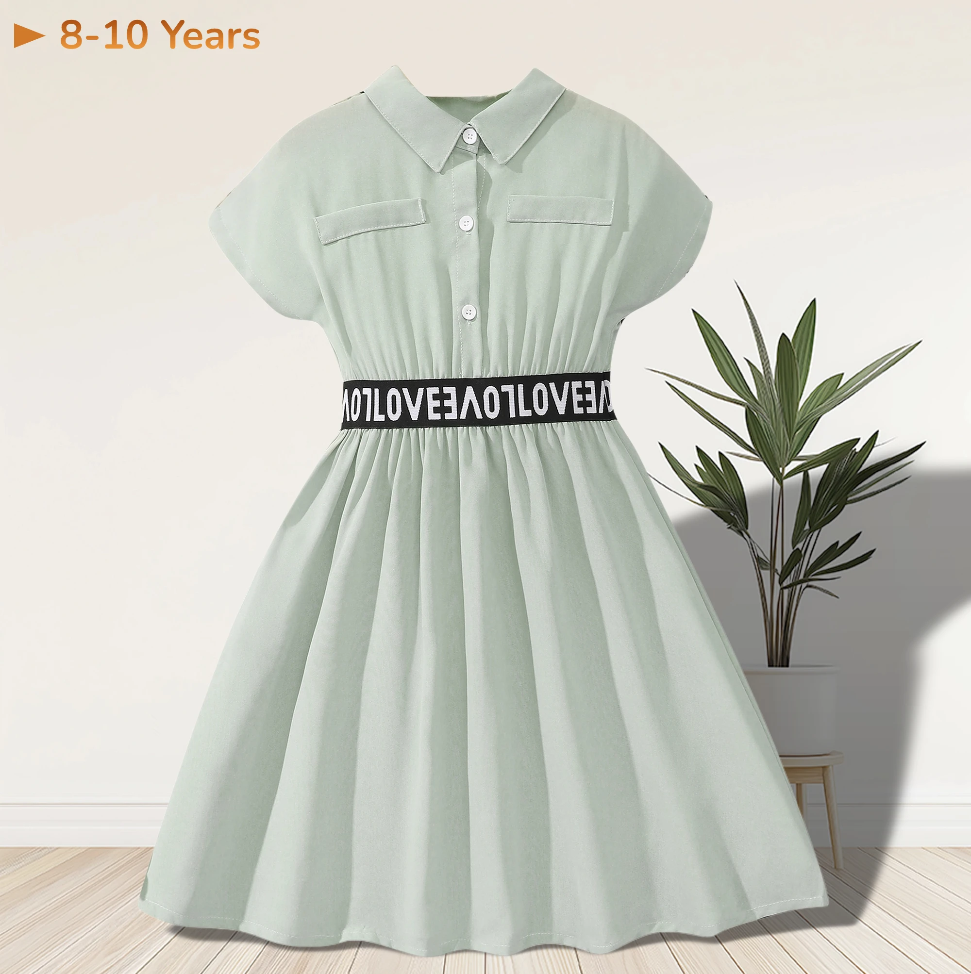 

2024 Summer Kids Girl Dress 8-10Yrs Old Short Sleeve Green Soft Coolness Children Dress Children Casual Fashion Girls Clothing