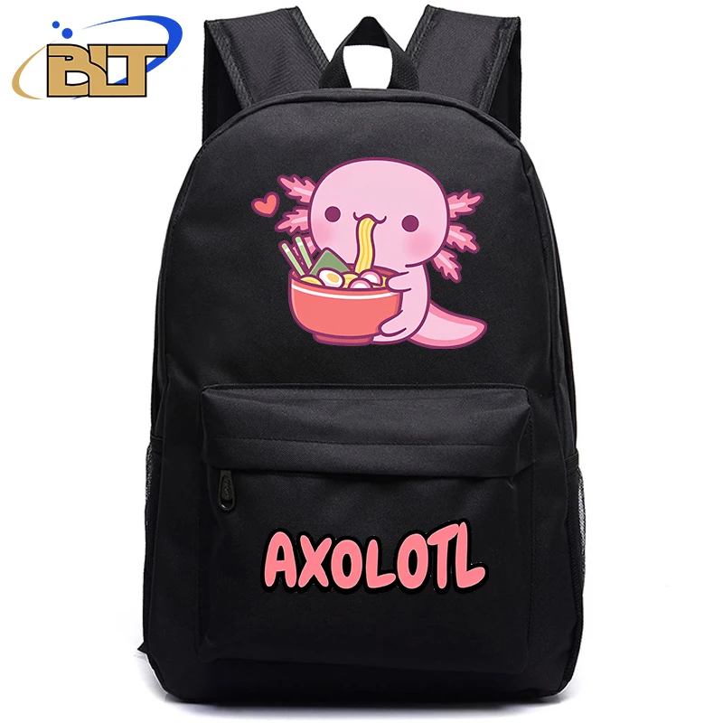 Mochila negra con estampado Axolotl para estudiantes, bolsa bonita para niños