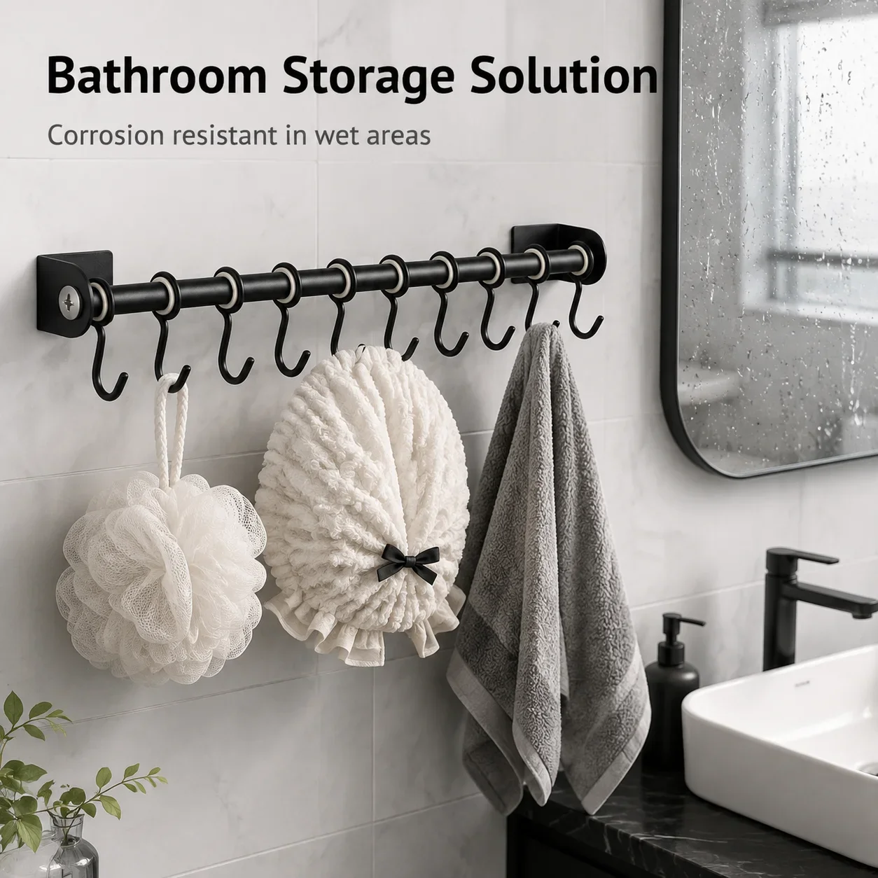 Black Stainless Steel Kitchen Hanging Rod Wall Mounted Movable Hook Multi-Specification Options No Need for PU