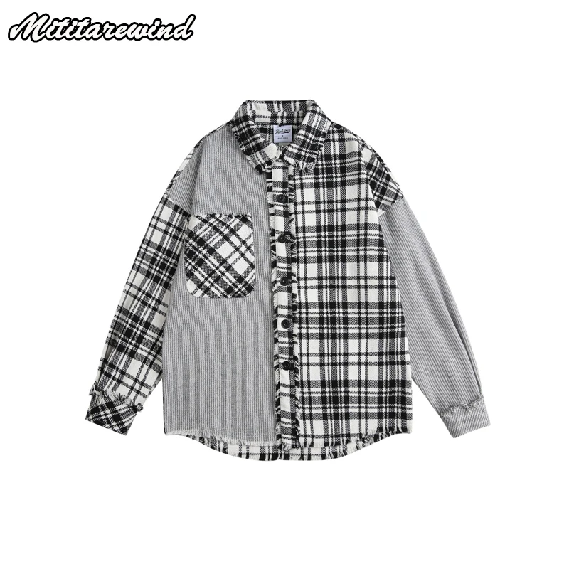 

Autumn American Style Retro Spliced Plaid Coats For Men And Women High Street Casual Loose Hip Hop Shirts Long Sleeve Y2k Youth