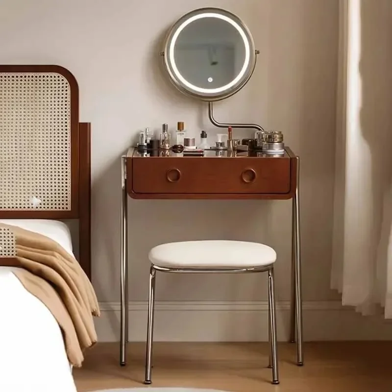 أدراج البراز مضمد مع صندوق مرآة البني الحديثة الفاخرة ماكياج خلع الملابس الجدول تخزين خشبي Comoda Para Quarto الأثاث #2