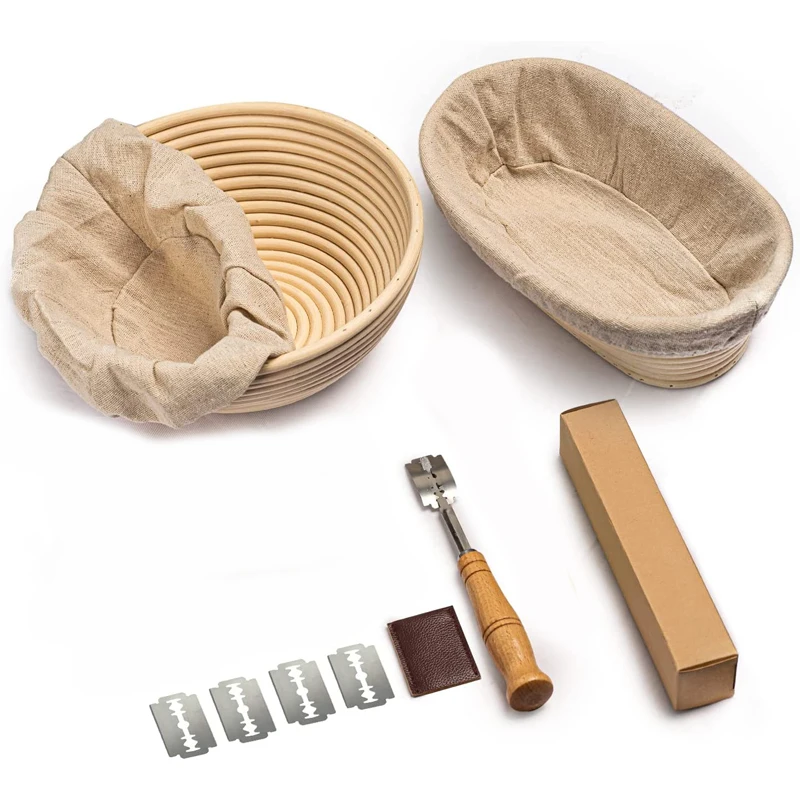 Natural Rattan Basket Banneton Set Dough Fermentation Basket Bread Proofing Baskets Bakers Scraper Knife Brush Linen Cloth Tools