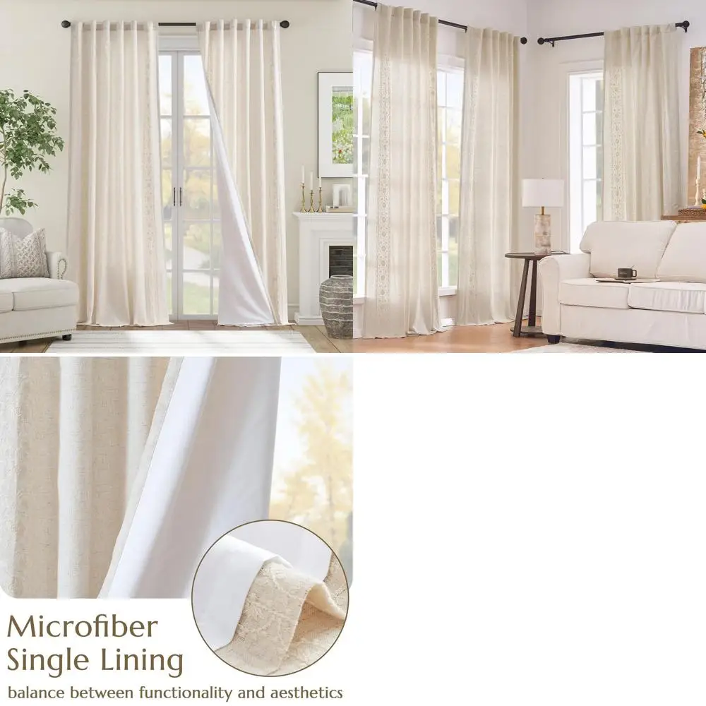 

Vintage Floral Linen Curtains, 108 Long, Ivory on Beige, 2-Panel Set for Living Room & Bedroom