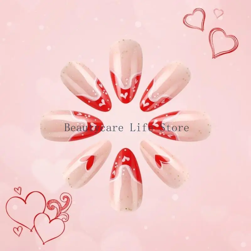 652C 24Pcs on Heart Press On Nails For Valentines Day Celebrations