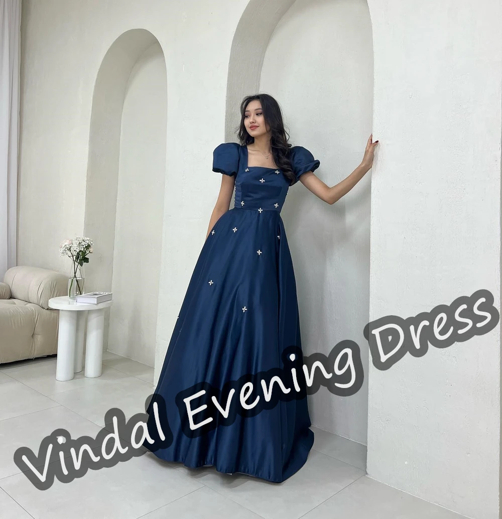 Vindal Abendkleid quadratischer Ausschnitt boden lang A-Linie elegante eingebaute BH Satin kurze Ärmel Saudi-Arabien für Frau 2024