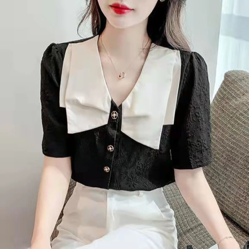 Estate coreano dolce manica a sbuffo pulsante Chic bordare camicetta Casual All-match top elegante abbigliamento femminile piccole camicie di