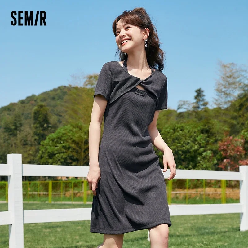 Semir Dress Women Fake Two-piece Fashion All-match 2023 Summer New Slim-type Elegant Halter Neck Twisted Knitted Dress