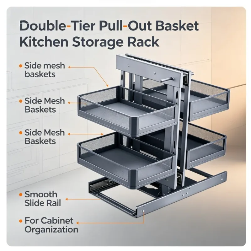 Blind Corner Pull‑out Storage Basket, Kitchen Cabinet Organizer Rack for Dishes Pots Seasoning, Space‑saving Hardware Accessory