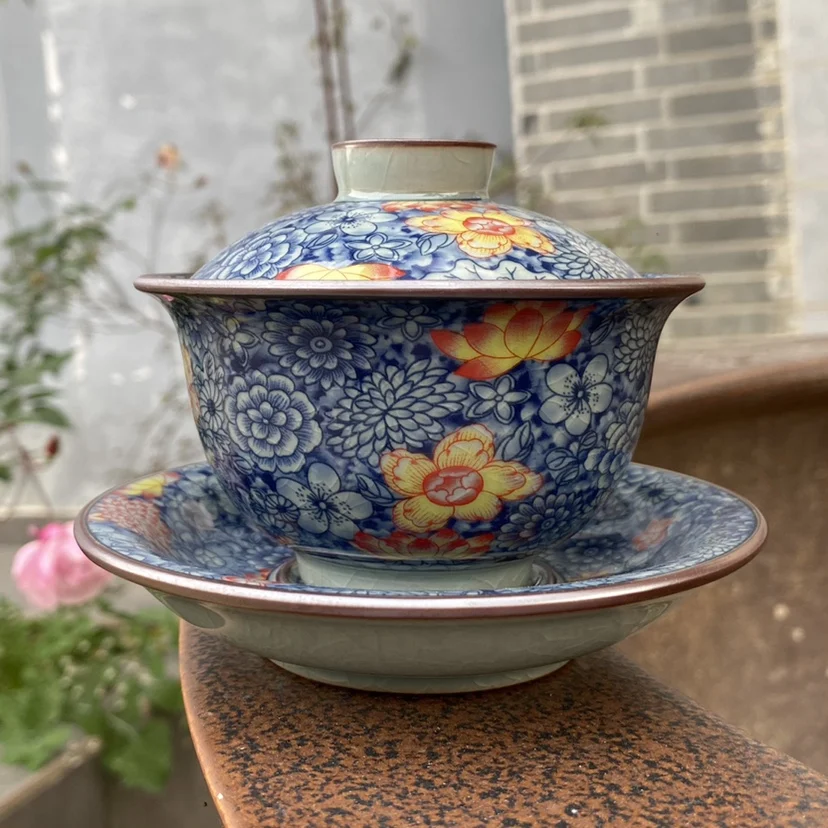 Handmade Jingdezhen Old Clay Blue and White Flowers Gaiwan Non-Scald Tea Brewing Bowl Household Porcelain Kung Fu Set Large