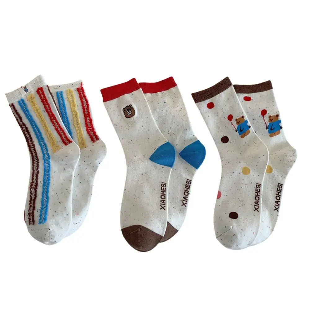 3Pairs Fashion Cute Mid-calf Socks Bear Patchwork Women's Stockings Stripe Mid Tube Cotton Socks Winter