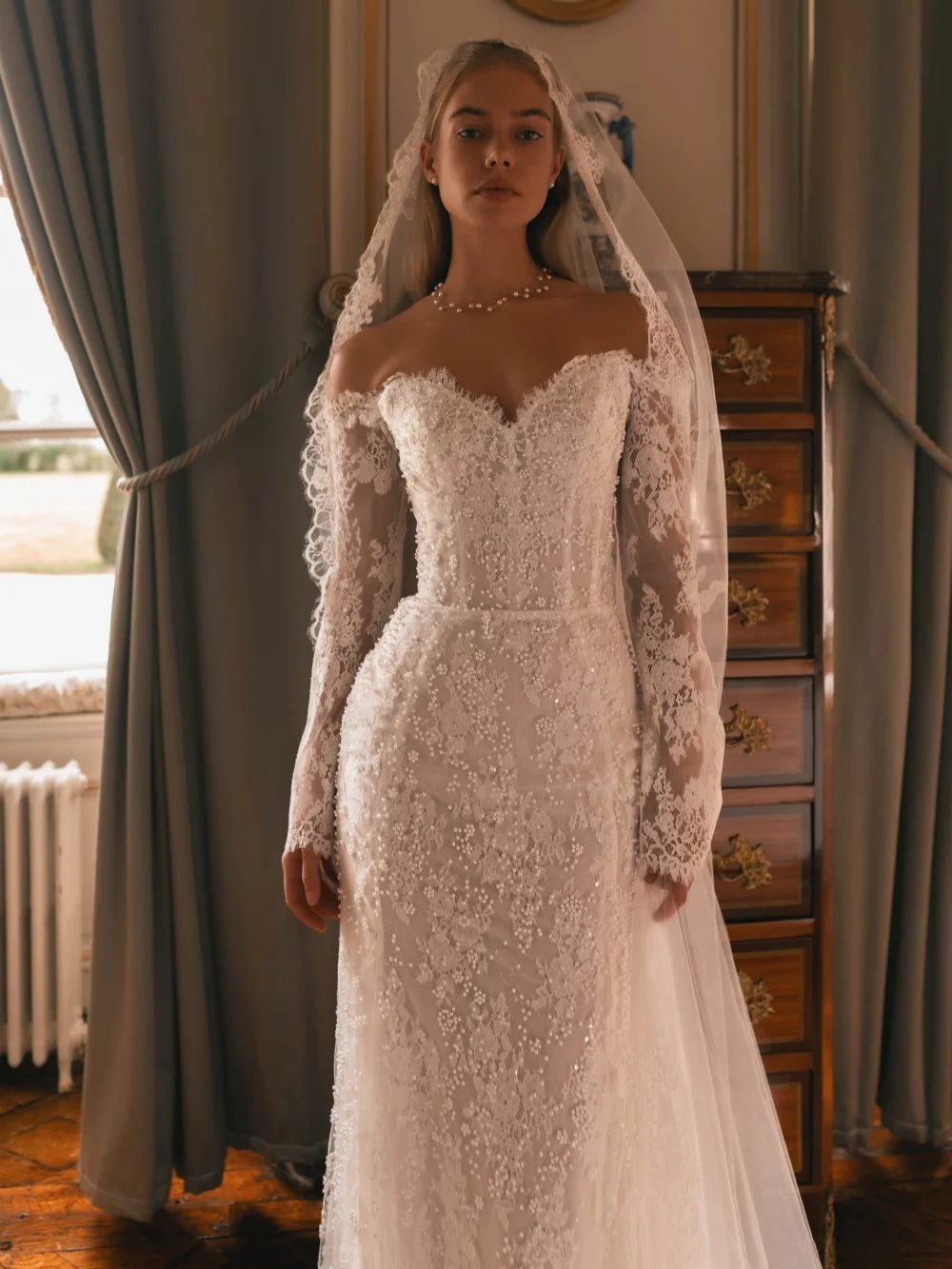 

Charming Pearls Lace Off Shoulder Wedding Dress Sweetheart Neck Bridal Gown Customized Luxurious Mermaid Dresses For Bride