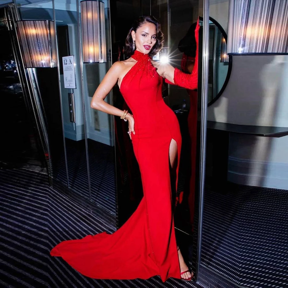 

Modern Red Mermaid Evening Dress High Neck Side Slit Beaded Formal Event Dresses Glitter Crystals Women's Special Occasions Gown