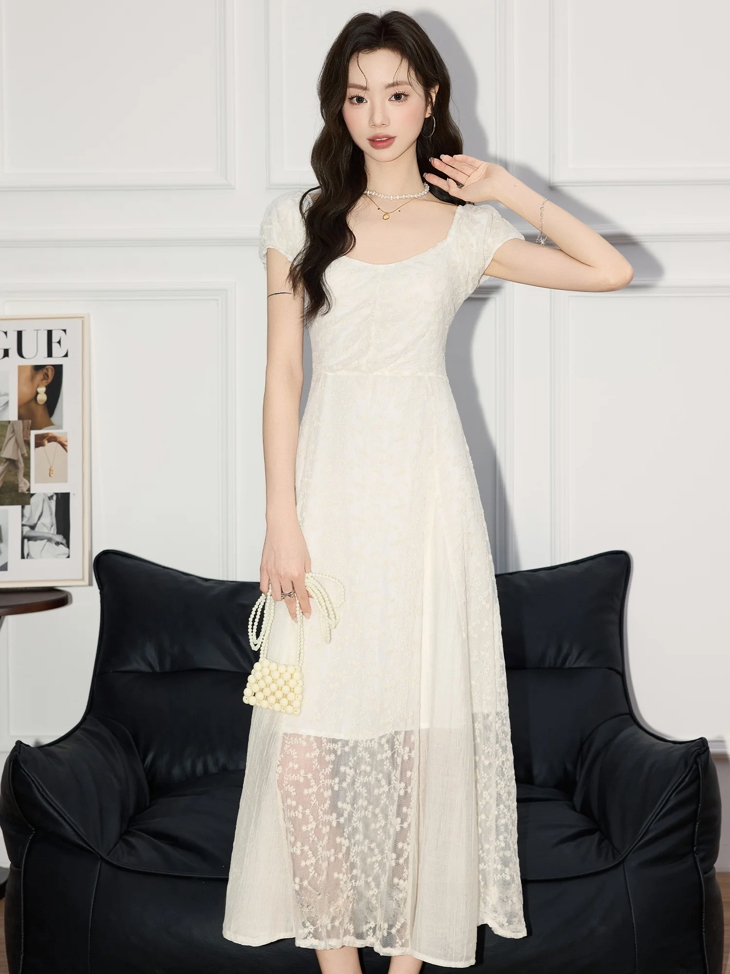 

Летнее женское платье с кружевной вышивкой, квадратным вырезом, высокой талией, А-силуэт, длинное, в стиле «фея», нарядное и изящное