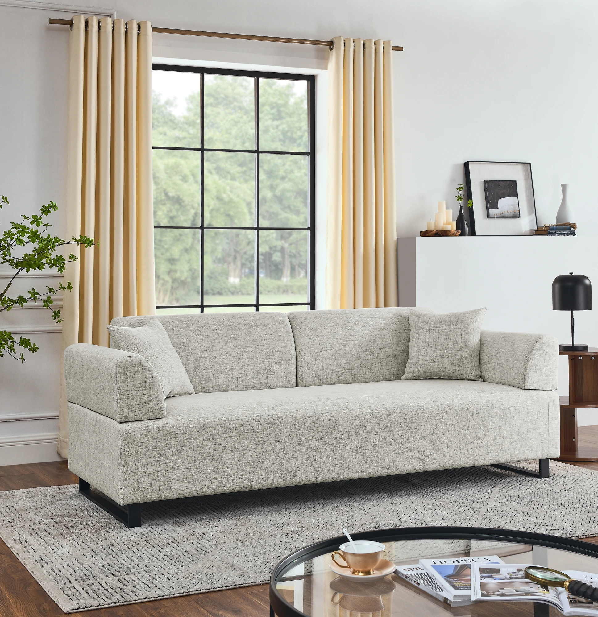 3-seater sofa in linen fabric for the crowd with two coffee tables and two pillows, removable backrest and armrests, contemporar