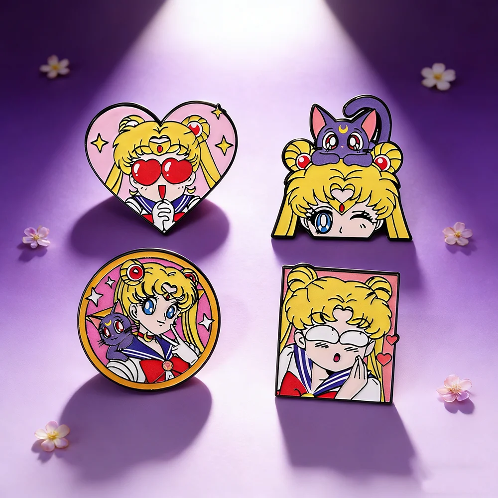 Conjunto de 4 Broches Esmaltados de Sailor Moon para Mulheres, Pins de Lapela e Emblemas de Moda para Mochilas e Acessórios de Vestuário - Kit de Presente
