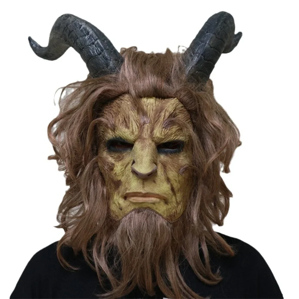 

Beast Realistic Latex Helmet Full Face Headgear Cosplay Wild Beast King Mask Monster Horns Men With Wig Halloween Party Props