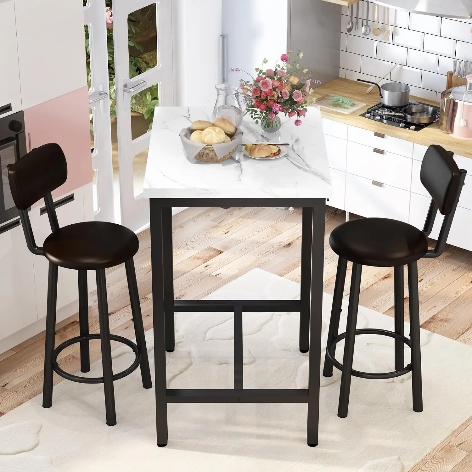 3 Piece Bar Table Set of 2,Mordern Bistro Table with 2 Counter Height Barstools, Faux Marble Pub Table Set for Small Space,Small view 6