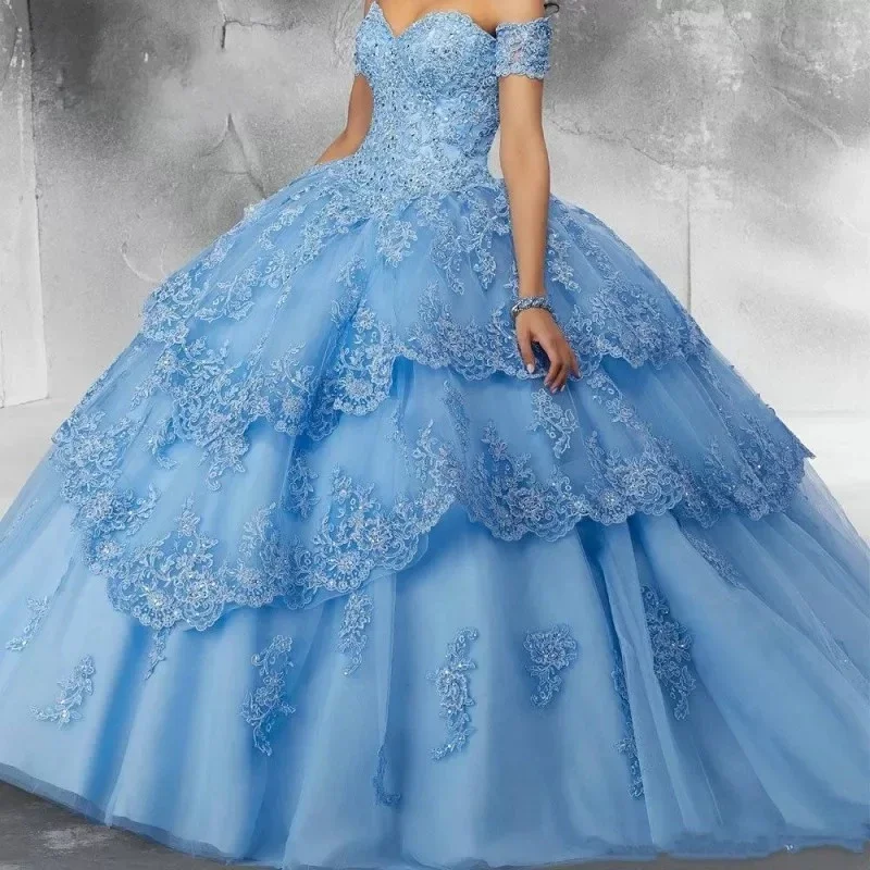 فساتين Quinceanera أزرق سماوي فاتح بأكمام قابلة للانفصال مزينة بالدانتيل مزين بالترتر الأميرة الكرة ثوب حلو 15 فستان حفلة جديد