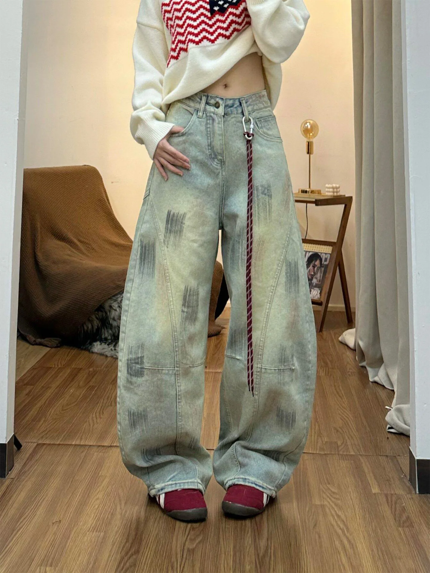 

Ретро американские окрашенные прямые широкие джинсы, женские зимние новые джинсовые брюки небольшого размера с высокой талией