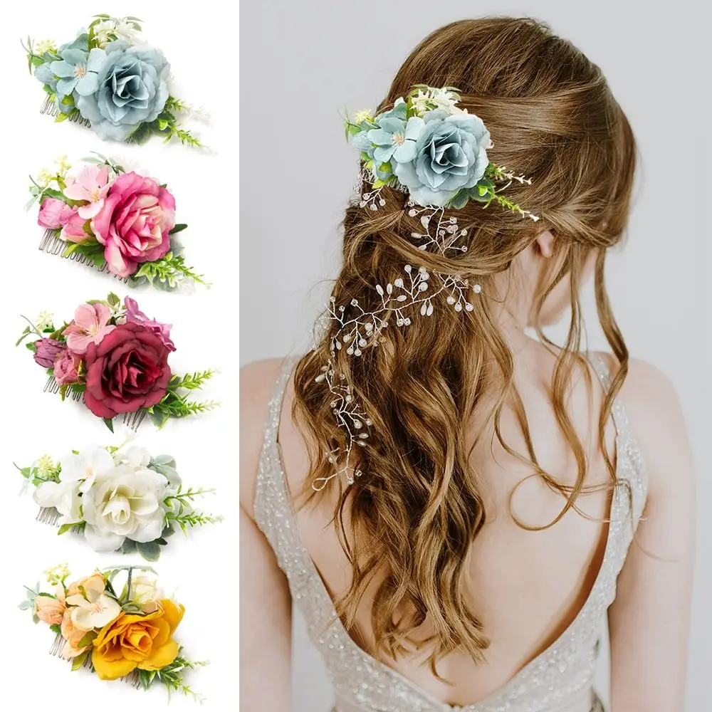 Bridal Hair Combs Rustic Wedding Floral Women Stimulation Flower Leaf Hair Comb Hairpins Brides Wedding Elegant Hair Accessories