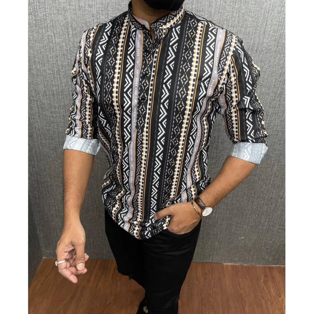 

2026 мусульманская мужская одежда с воротником-стойкой и золотым принтом, рубашка с длинными рукавами, модная повседневная одежда, этнический стиль, национальный стиль