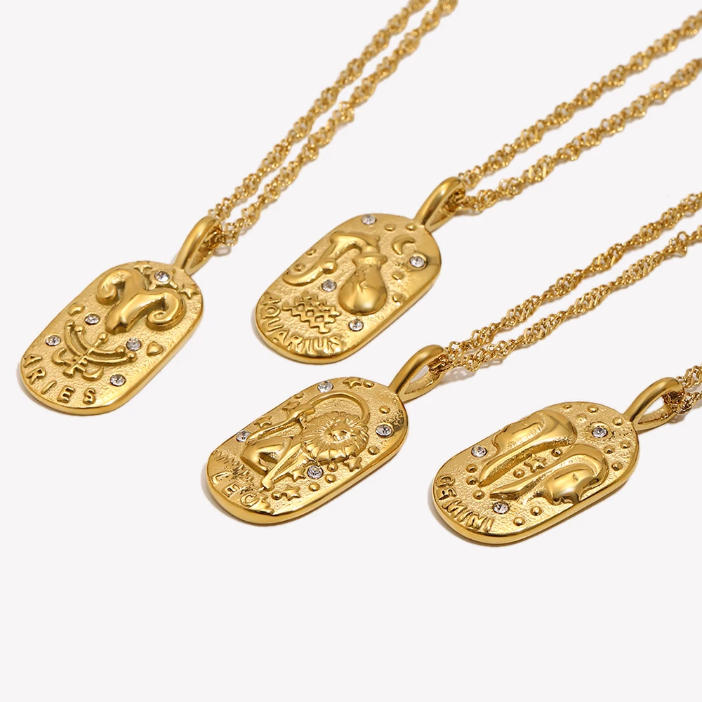 E.B.belle 2024 Fashion Casting Zircon Zodiac Sign Bright Necklace For Woman Neck Jewelry Stainless Steel Constellation Necklaces