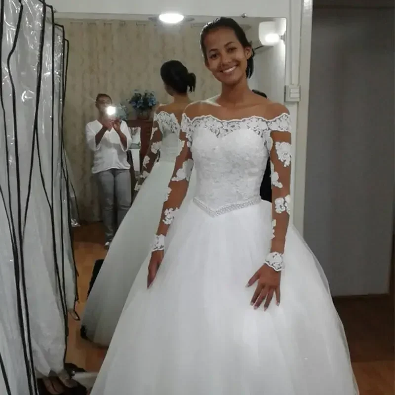 Vestido De novia personalizado De manga larga con hombros descubiertos, Vestido De novia De talla grande, cinturón con cuentas, Apliques De encaje, vestidos De novia