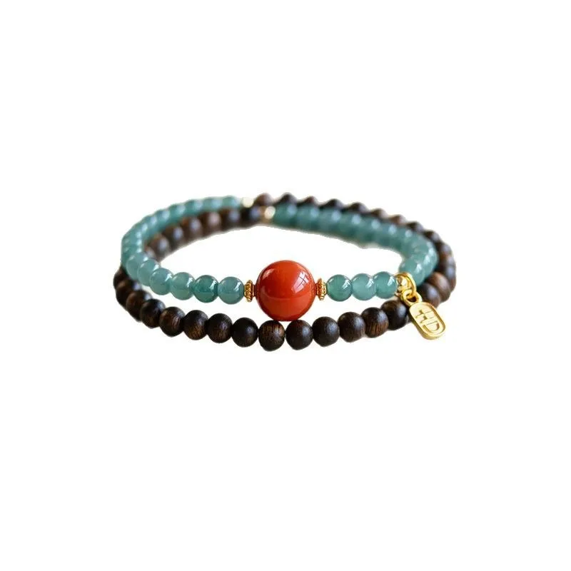 Traditional Chinese Lucky Brunei Agarwood 6mm Double Layer Bracelet For Women Blue Water Jade South Red Agate Beads Blessing Hea